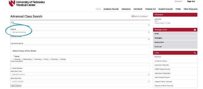 Advanced Search Screen in MyRecords with the Subject field highlighted