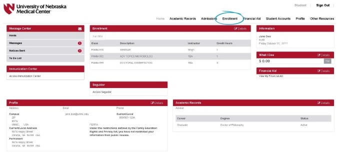 MyRecprds home screen with Enrollment tab in the top menu highlighted
