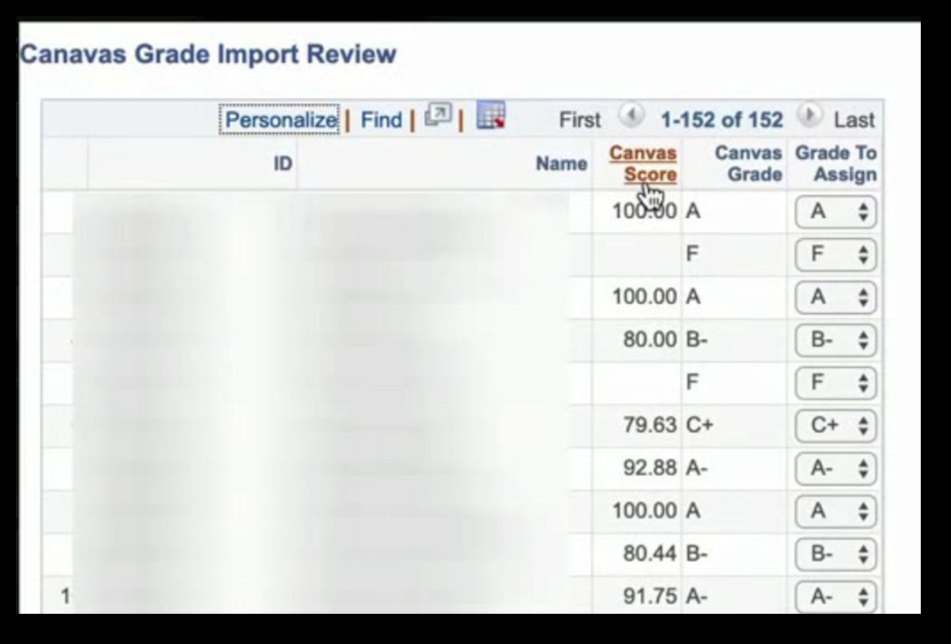 Canvas Grade Import Review screen showing list of students and grades from Canvas