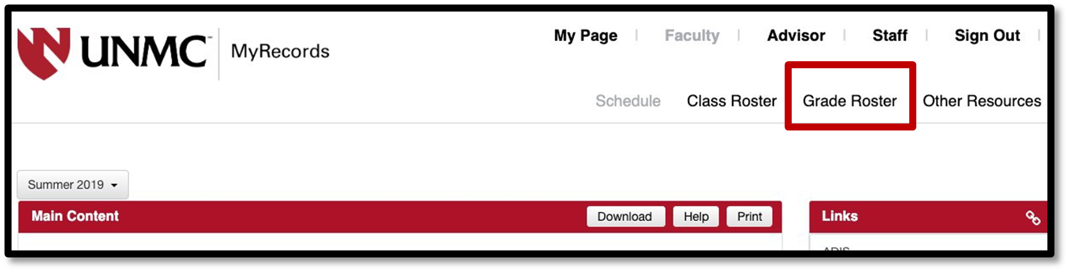 MyRecords home screen showing top menu bar with tue Grade Roster menu item highlighted