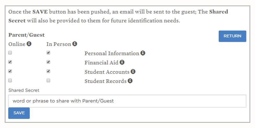 Parent/guest access options to which you can grant access