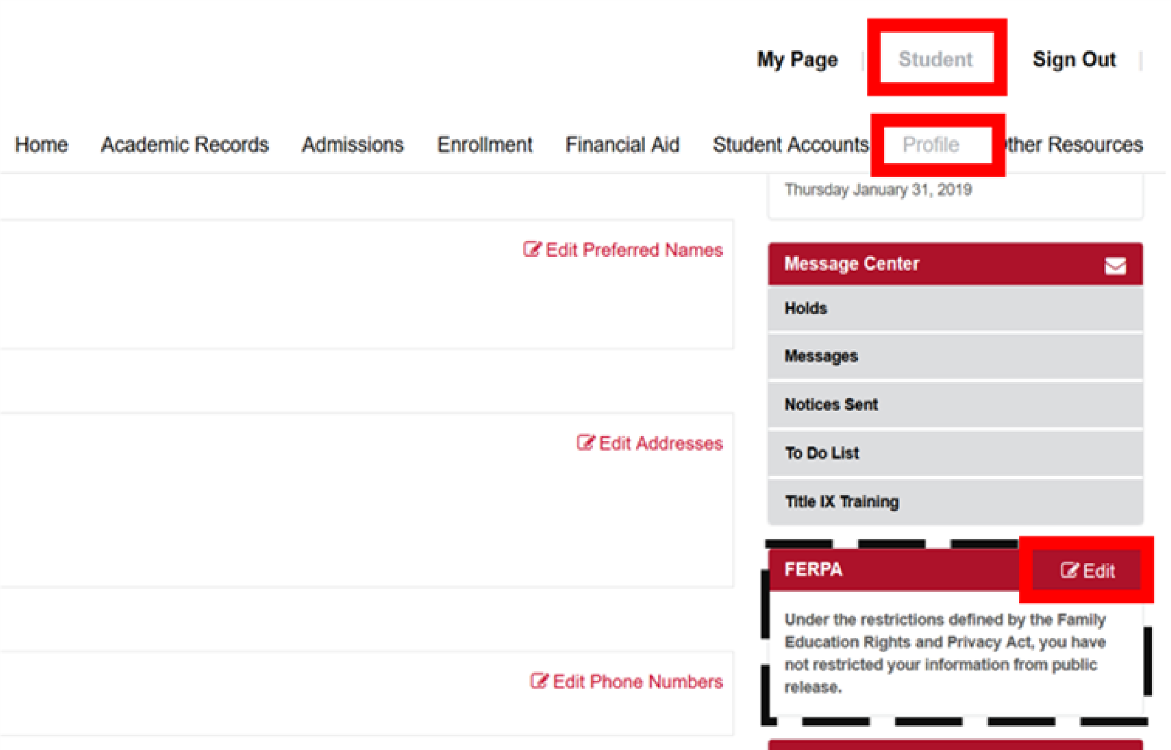 MyRecords student profile scree with FERPA section highlighted