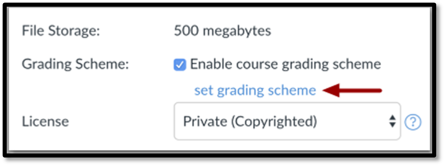 Enable course grading scheme checkbox and set grading scheme link