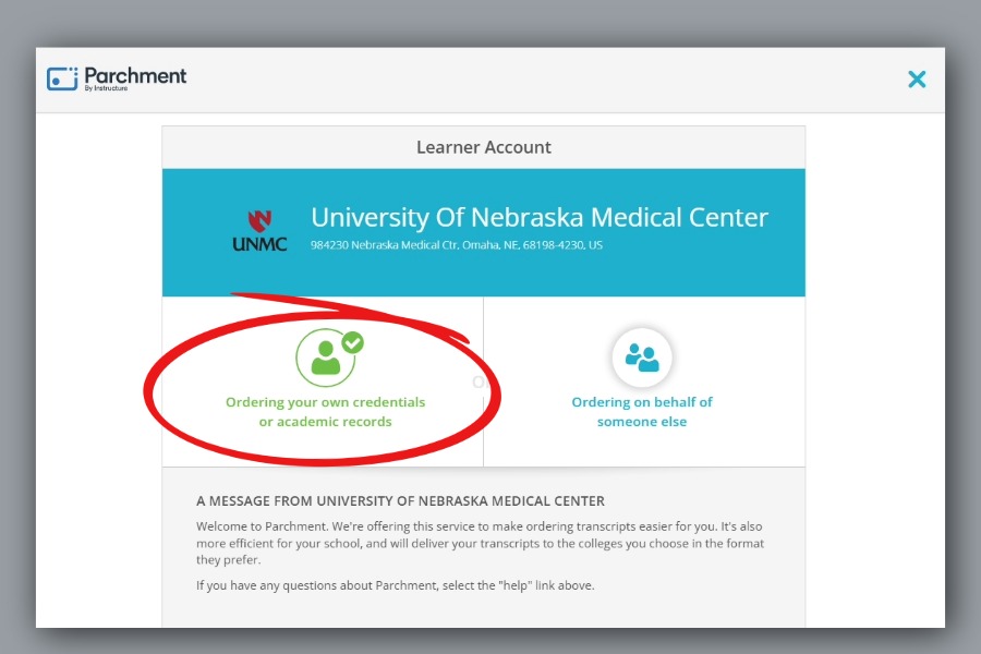parchment service website home page used to order official transcripts