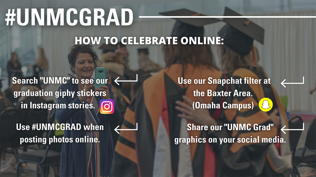 Background of a parent taking a photo of graduates. Text reads: #UNMCGrad. How to Celebrate Online: Search "UNMC to see our graduation giphy stickers in Instagram stories. Use #UNMCGrad when posting photos online. Use our Snapchat filter at the Baxter Arena (Omaha Campus.) Share our "UNMC Grad" graphics on your social media.