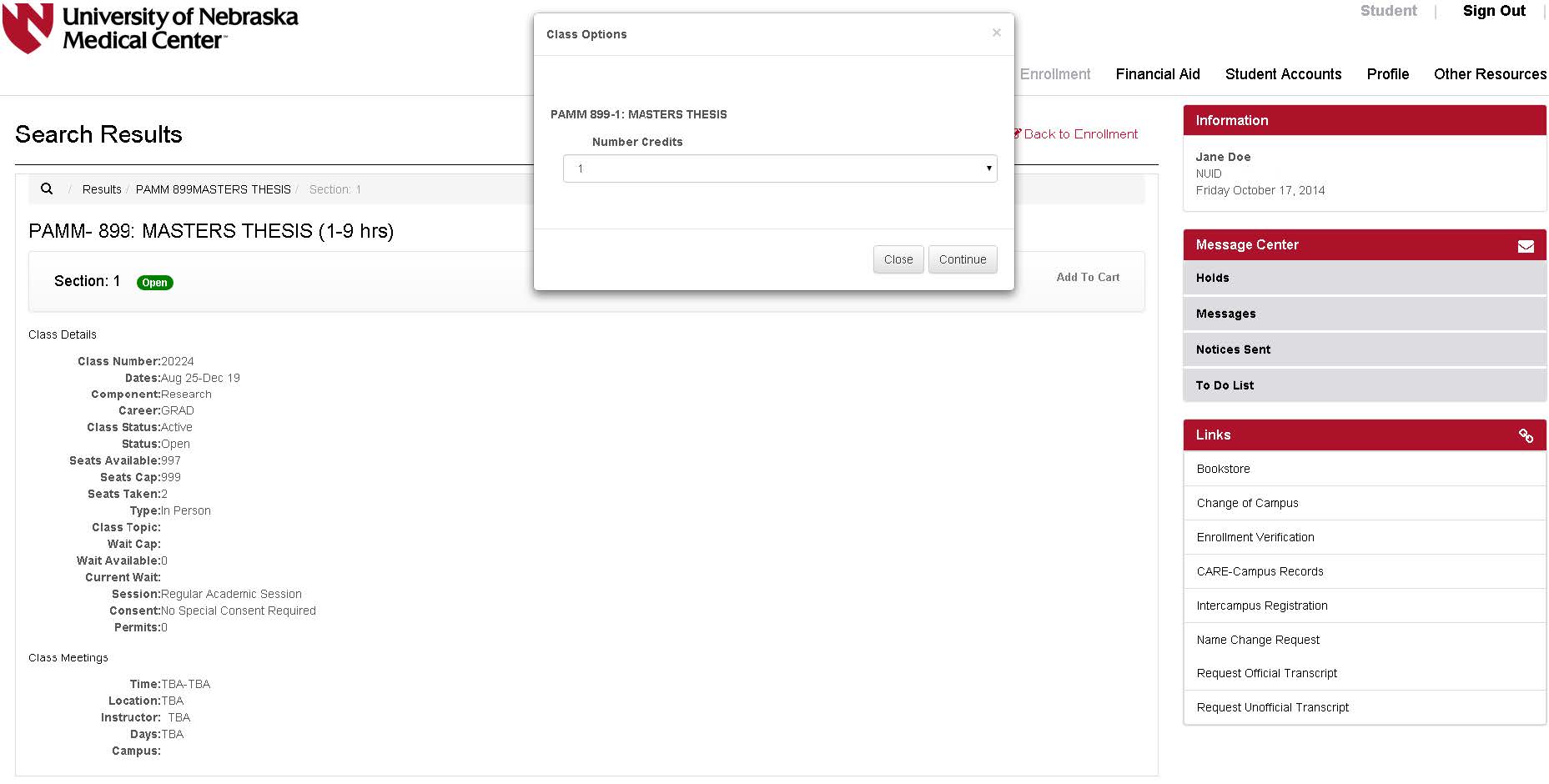 Class Options dialog box that appears when you click Add to Cart during enrollment with a box to enter the number of credit hours for variable credit classes