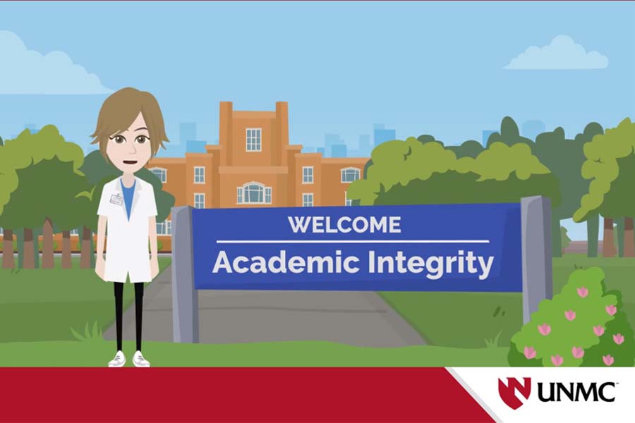 Clip art of a female nurse standing in front of a sign that says "Welcome. Academic Integrity."