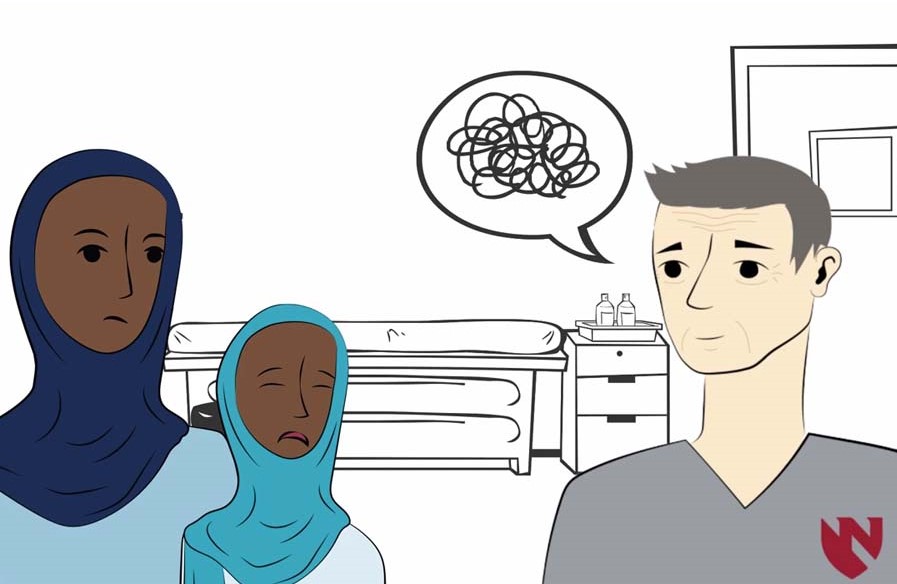 Clipart of two family members wearing head scarves next to a man in UNMC scrubs with a speech bubble full of scribbles, indicating he is having a hard time communicating with them.