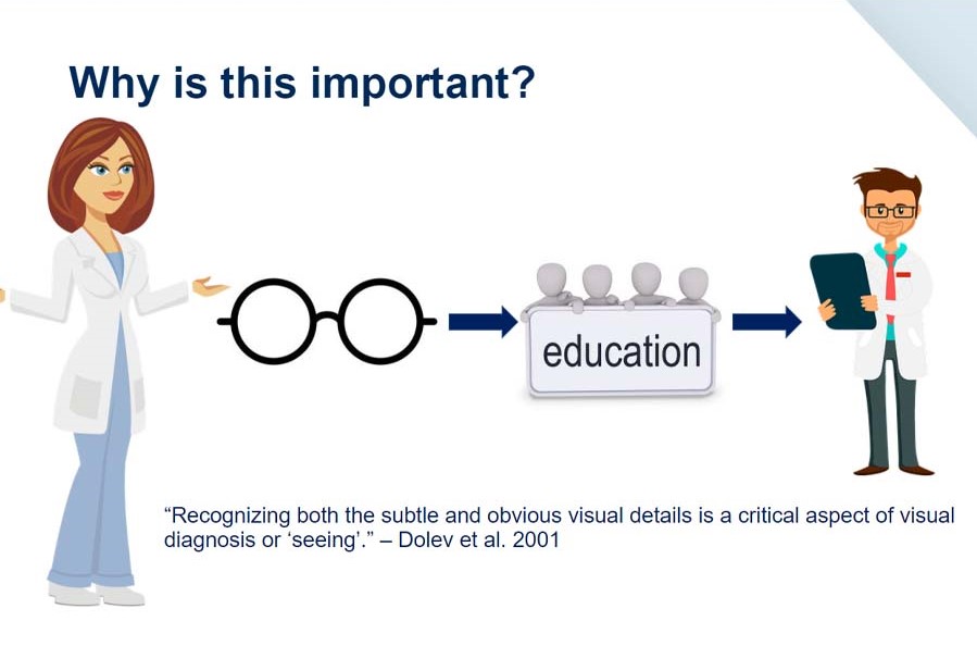 Clipart of a woman in a white coat shrugging her shoulders with the text "Why is this important?" and a sequence of a pair of glasses, the word "education," and a man holding a clipboard.