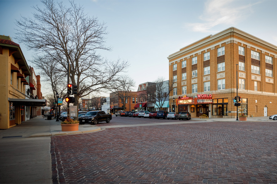 Downtown Kearney, showing the exterior of a theatre and a brick road