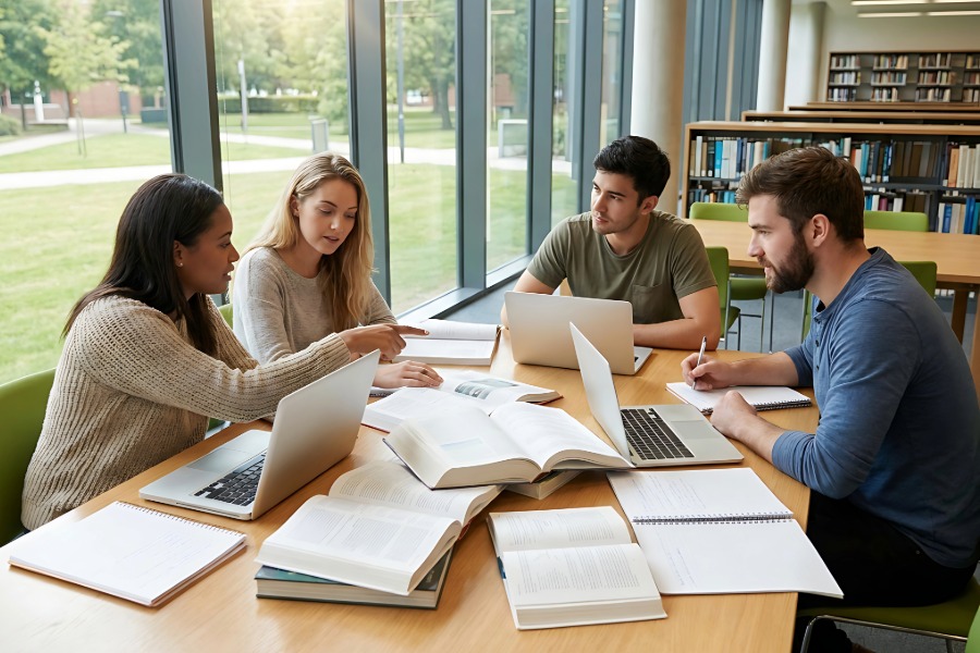 four students gather at a table with open books and laptop computers