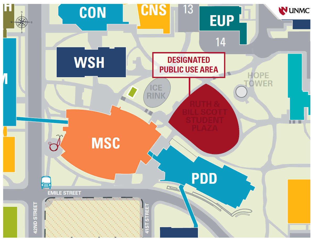 Omaha campus map designating the Ruth & Bill Scott Student Plaza as the Designated Public Use Area with surrounding buildings labeled with their abbreviated names