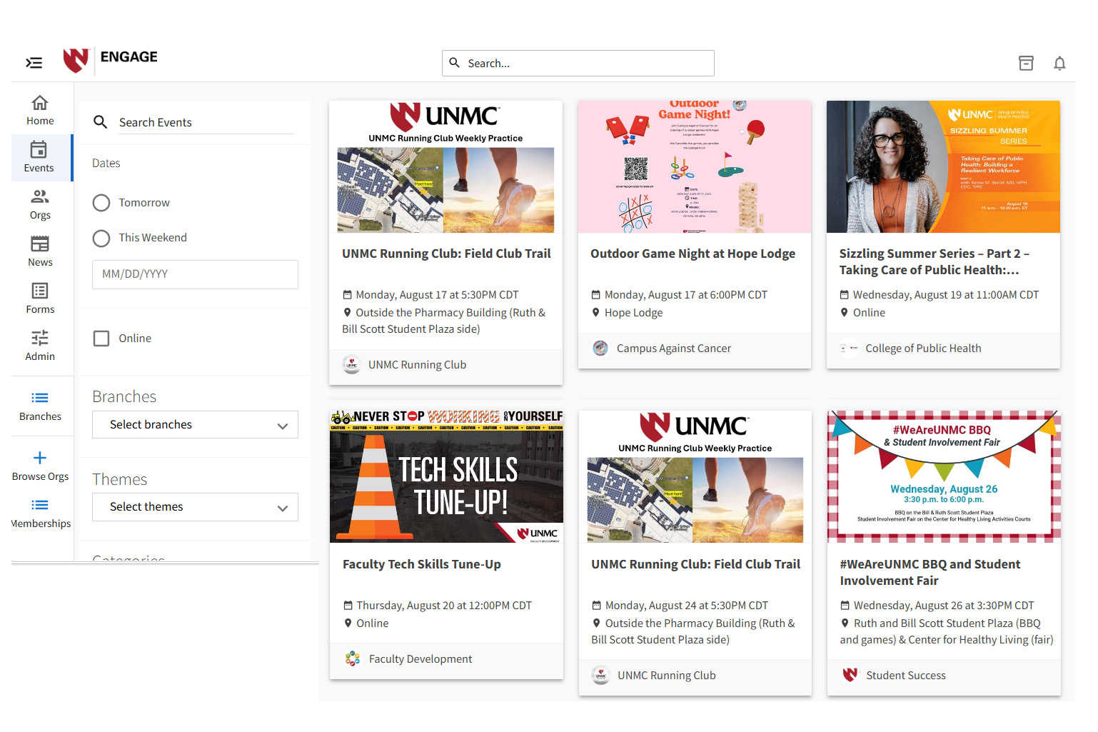 engage calendar showing upcoming events