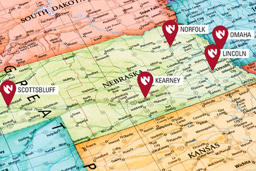 map of the united states with Nebraska showing, pin dots for UNMC campus locations in Scottsbluff, Kearney, Norfolk, Lincoln and Omaha