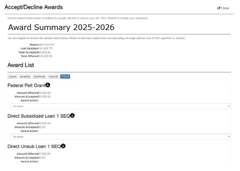 Awards Offered screen in MyRecords