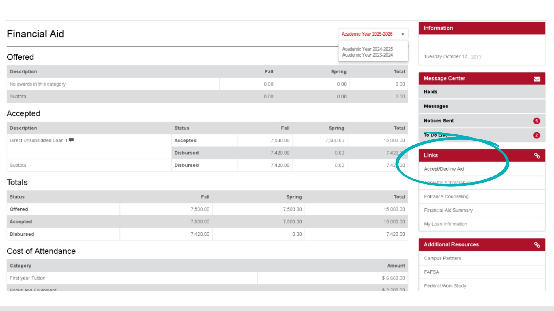 Financial Aid screen in MyRecords, Links section, Accept/Decline Aid link