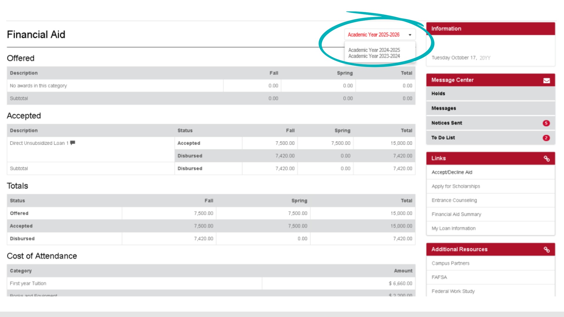 Financial Aid screen in MyRecords, academic year dropdown list