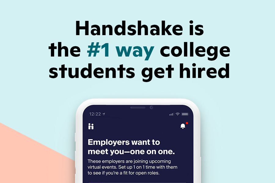 A promotional ad reading "Handshake is the #1 way college students get hired"