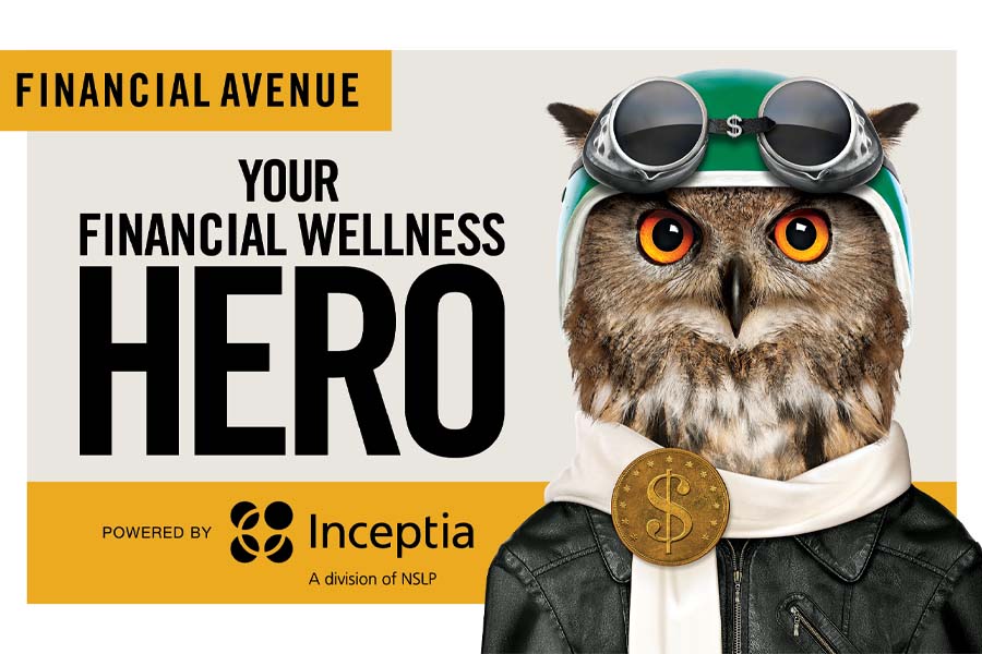 An edited image of an owl with text "Your Financial Wellness Hero"