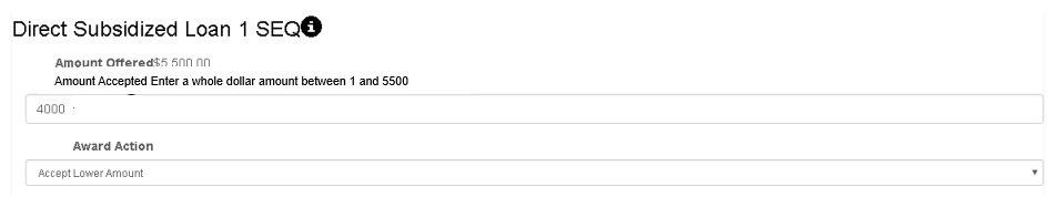 Financial Aid award screen, accept a lower amount