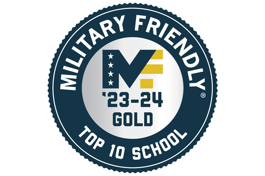 Image of a badge with Military Friendly logo and text "Military Friendly '23-24 Gold, Top 10 School"