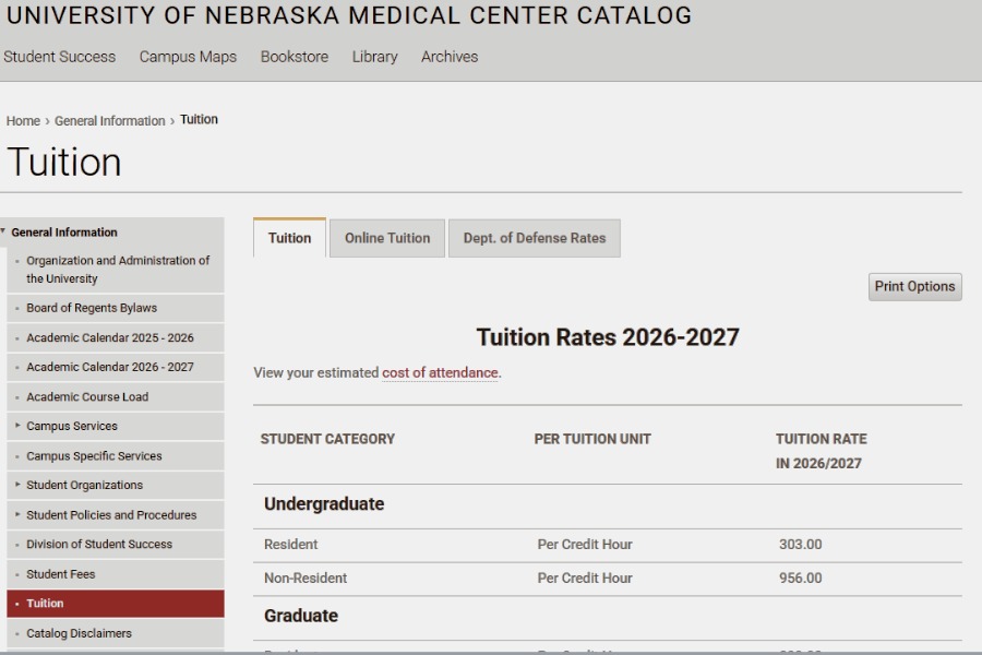 tuition rates page in the UNMC catalog