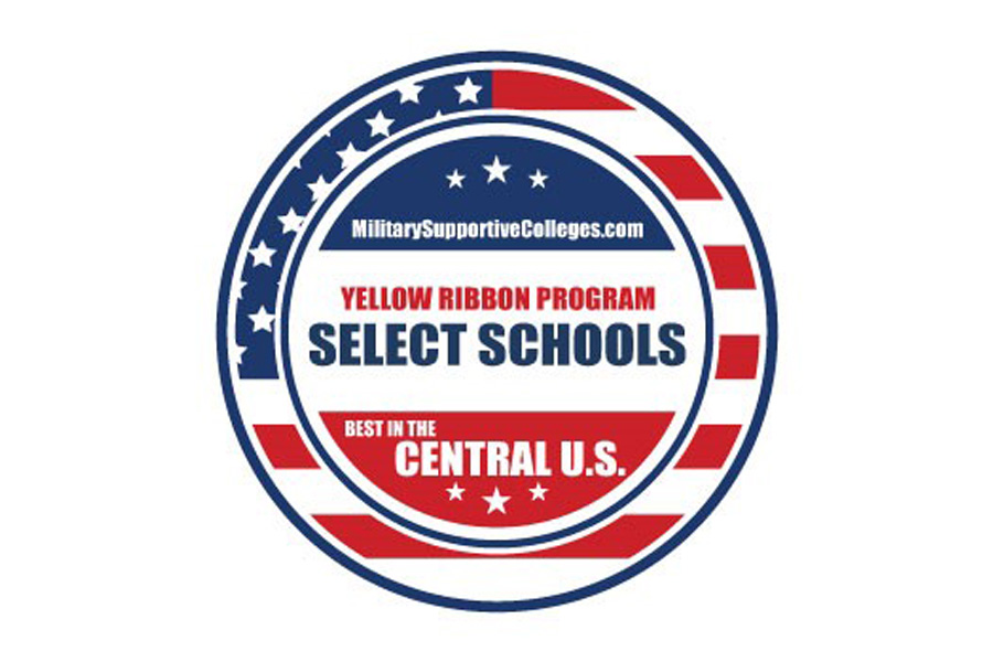 A red, white, and blue badge that reads "MilitarySupportiveColleges.com, Yellow Ribbon Program Select Schools, Best in the Central U.S."