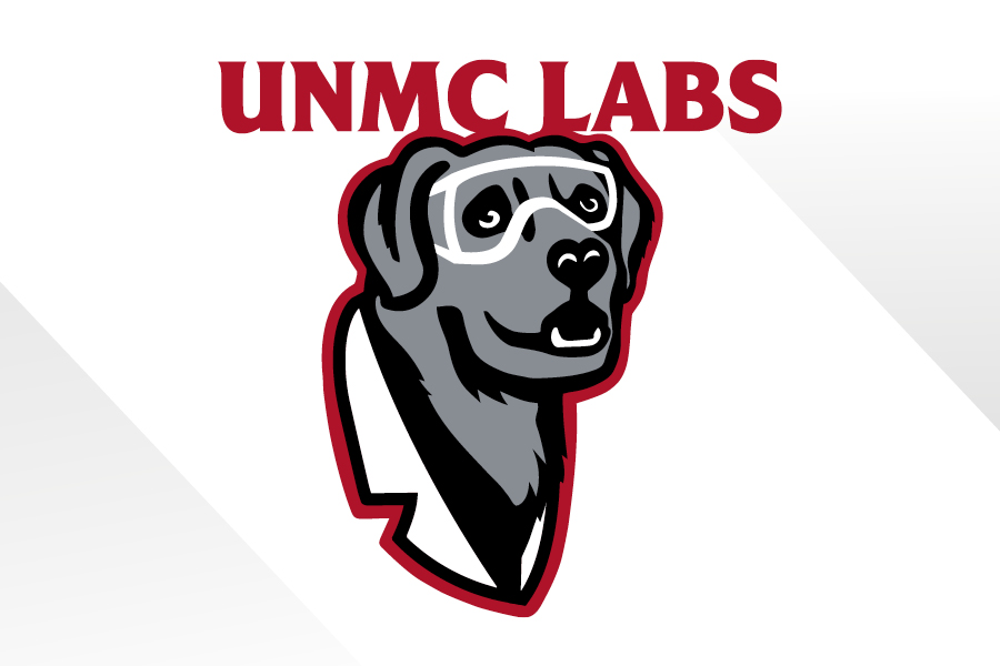 Graphic of UNMC Labs, a Labrador in a lab coat wearing lab goggles