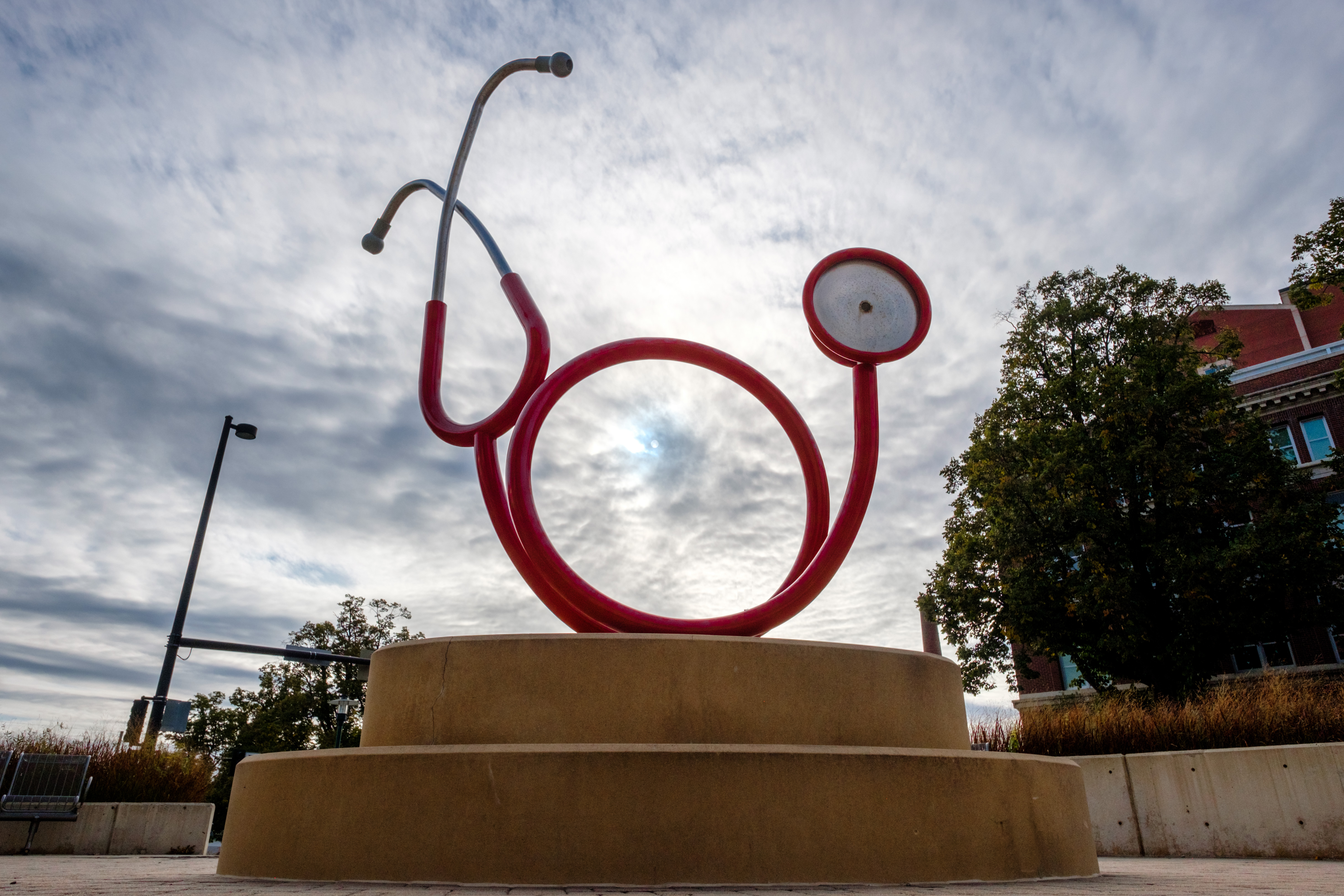 stethoscope sculpture outside the Sorrell Center on the UNMC Omaha campus