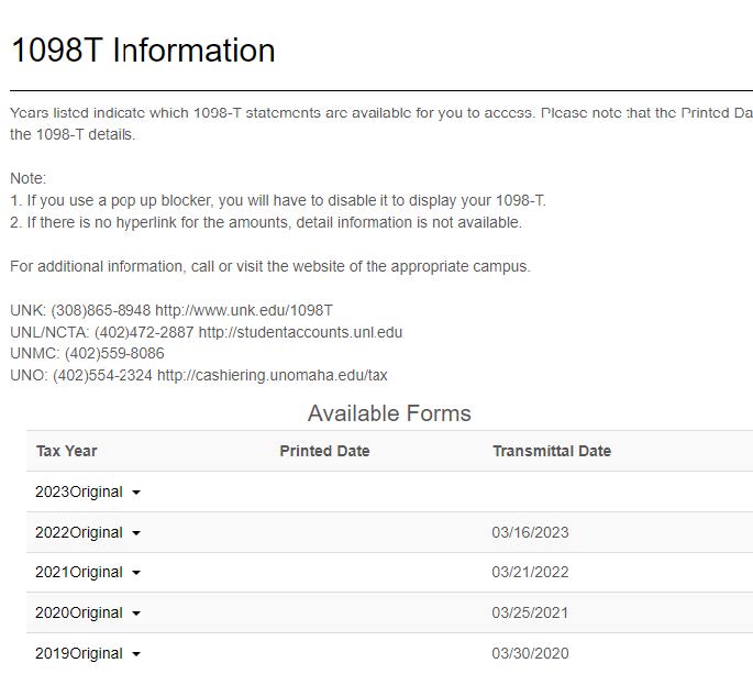 1098T information screen showing available forms to download
