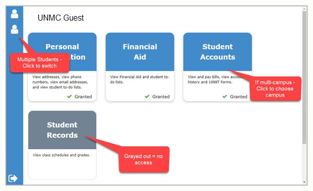 UNMC Guest screen showing the different access tiles for personal information, financial aid information, student account information and student records information