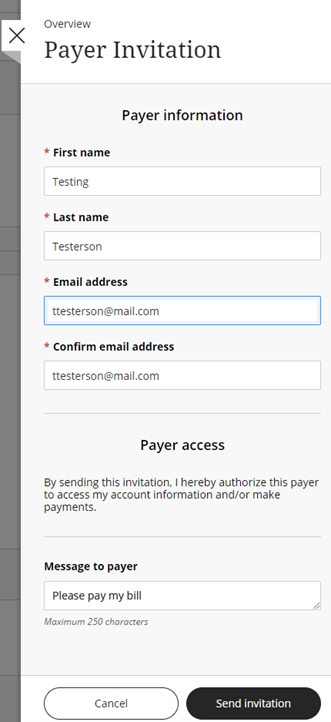 Payer Invitation dialog box