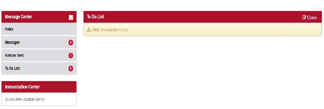 MyRecords screen showing the Message Center, To Do List, and Immunization Center