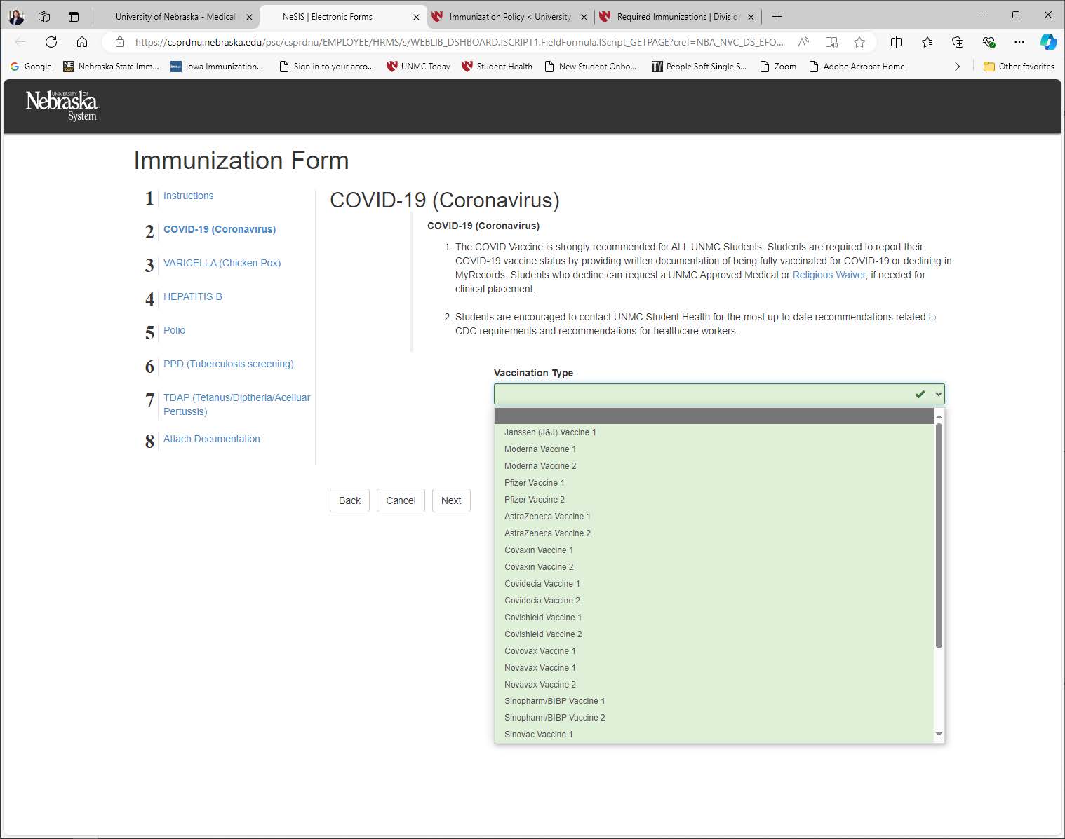 immunizations form showing part 2 COVID-19 immunization information