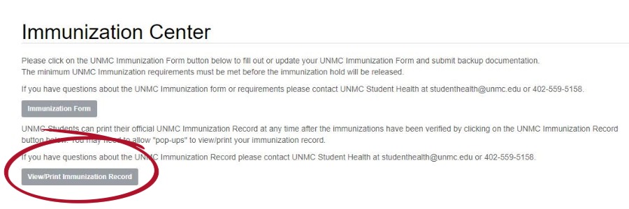 Immunization Center screen with View/Print Immunization Record button circled