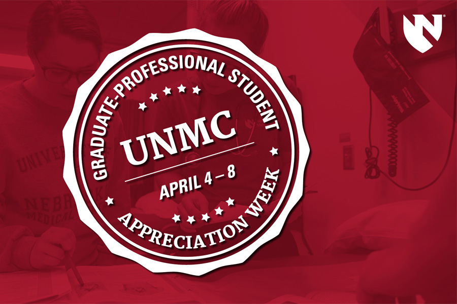 A crest with "Graduate-Professional Student Appreciation Week UNMC April 5 - 9" against a red background