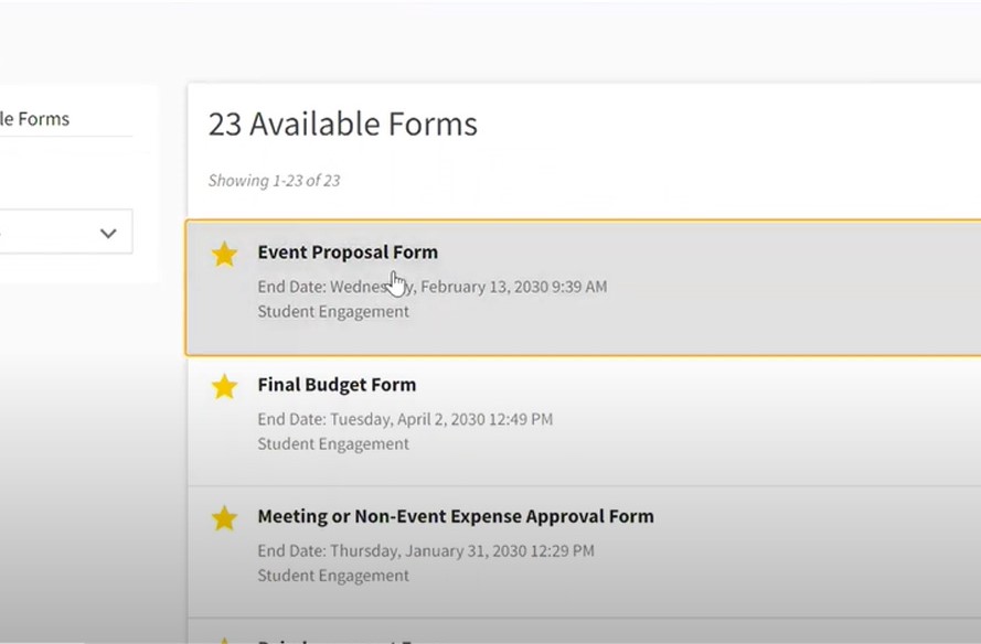 A screenshot of the event proposal form on ENGAGE