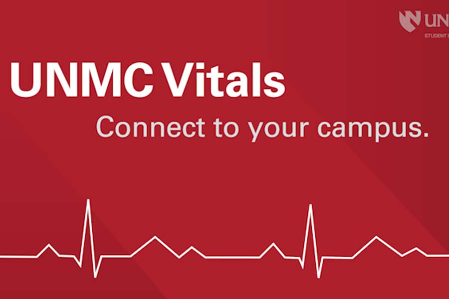 Read background with text "UNMC Vitals, connect to your campus" 