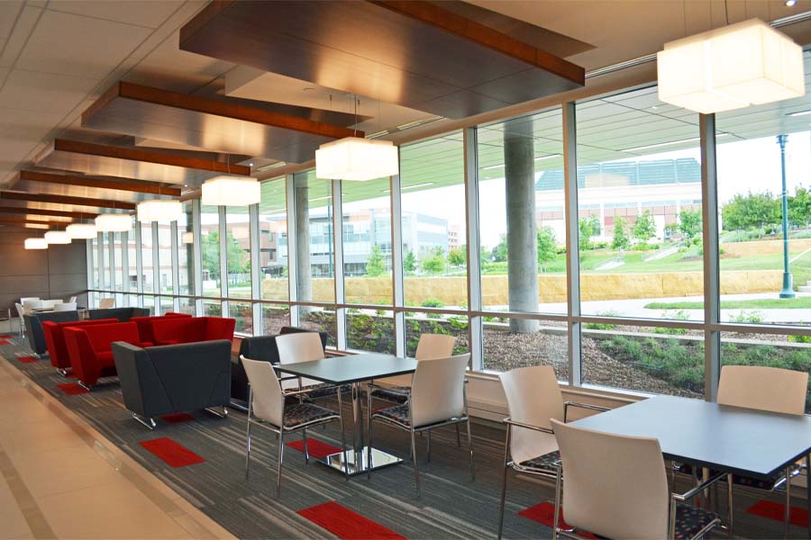 Tables and chairs in the UNMC Center for Drug Discovery and Lozier Center for Pharmacy Sciences and Education