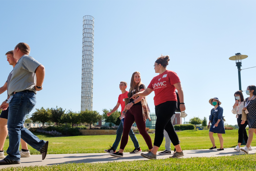 Graphic with students walking