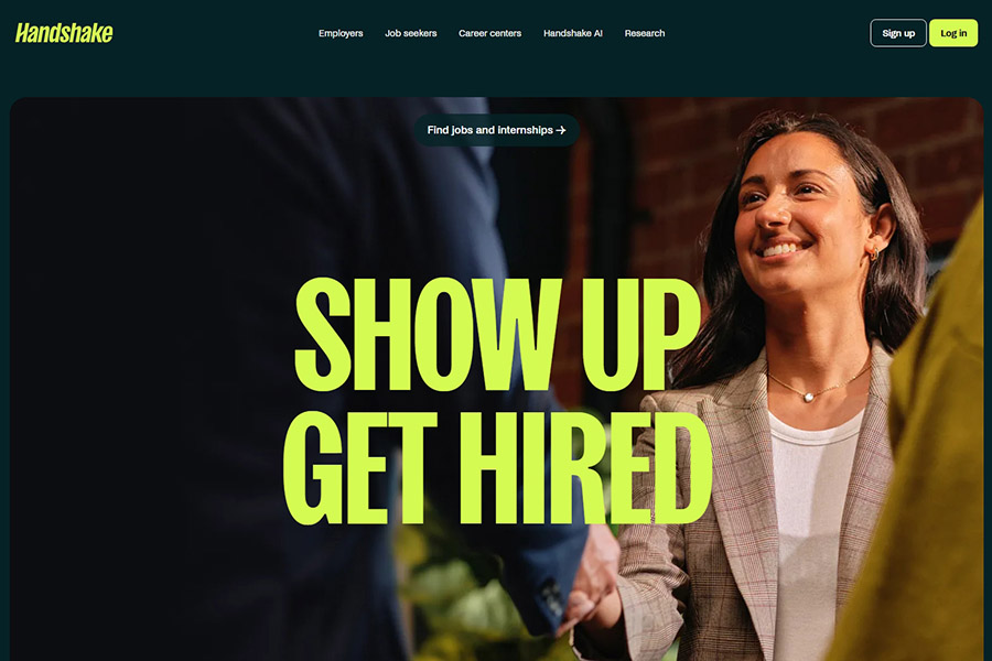 show up, get hired, find jobs and internships, Handshake website login screen