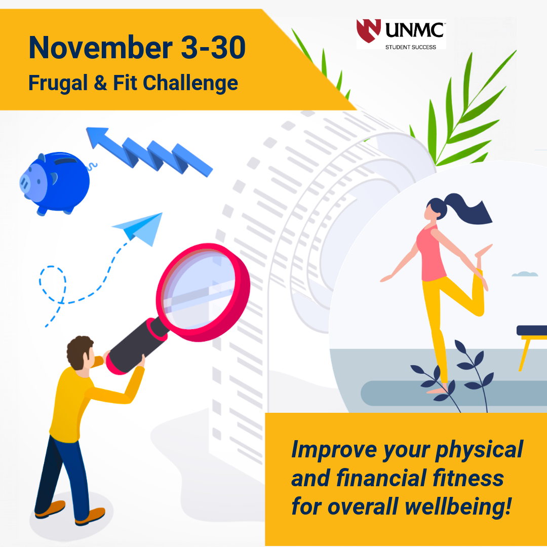 cartoon woman doing yoga, cartoon man examining a receipt piggy bank