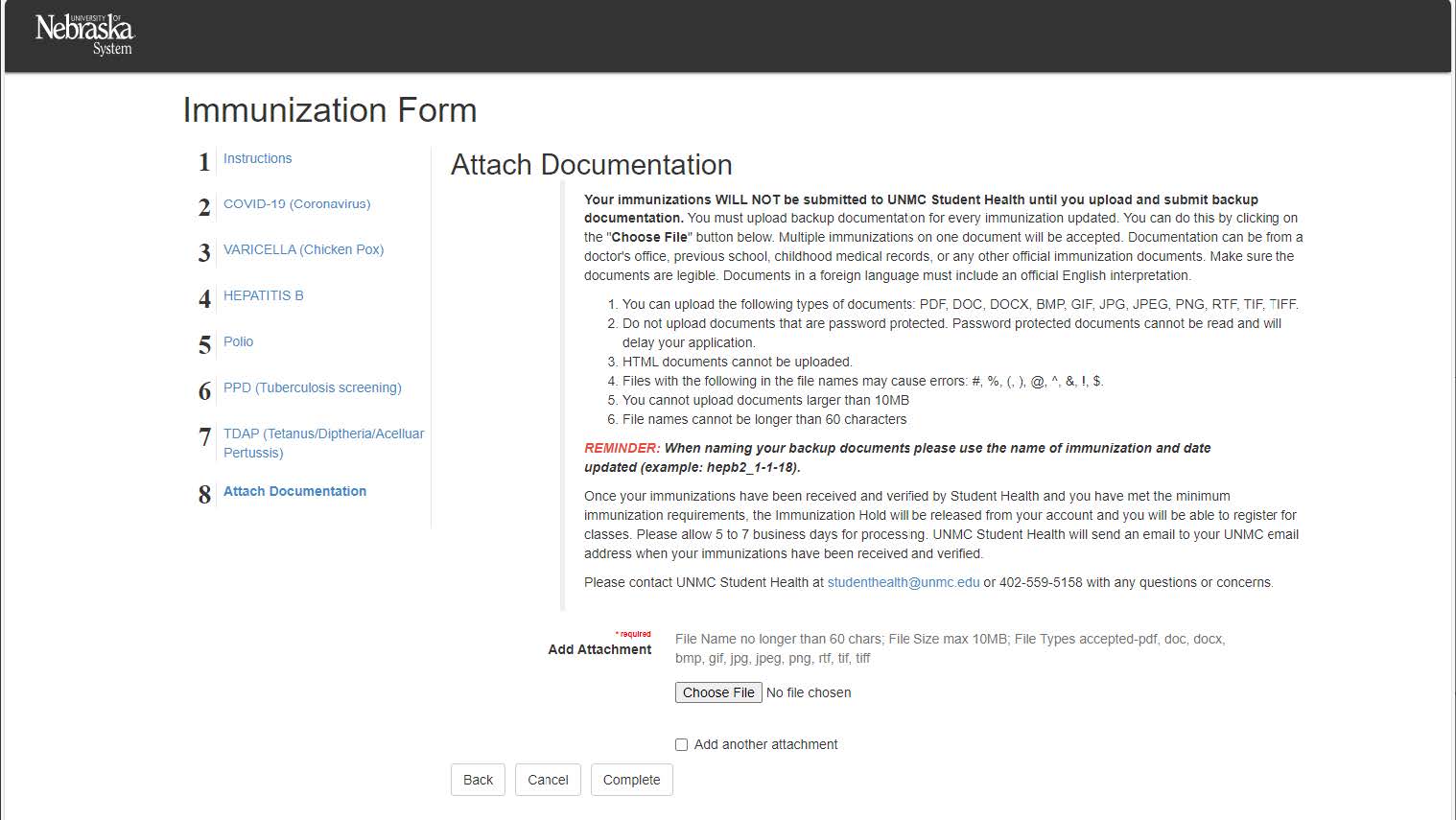 Attach Documentation screen of the MyRecords Immunization Form