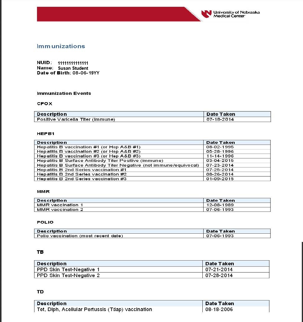 immunization record showing names and dates of immunizations for a student