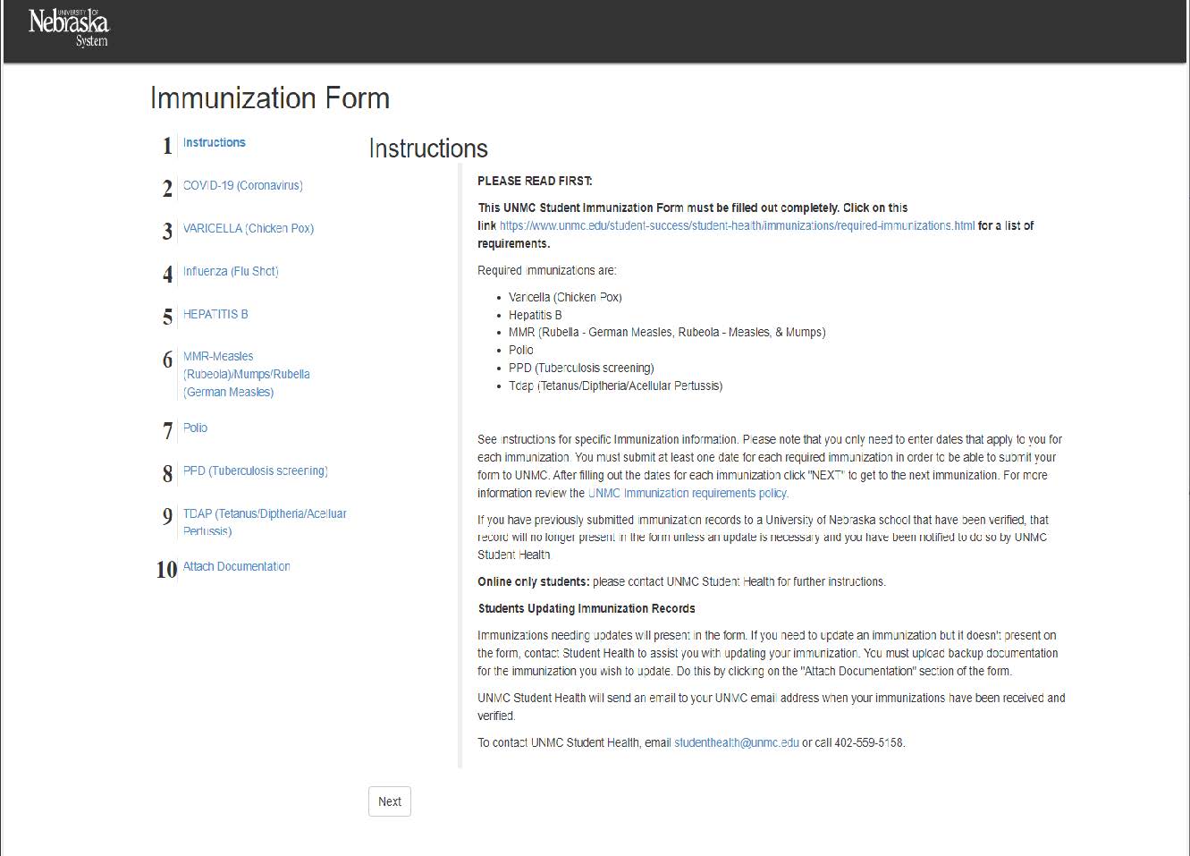 Immunization Form screen in MyRecords